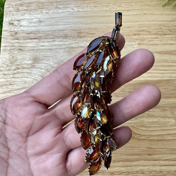 VTG Statement‎ Earrings 1.75" Match 4" Brooch AB Rhinestone Topaz Glass Navettes - Picture 5 of 9